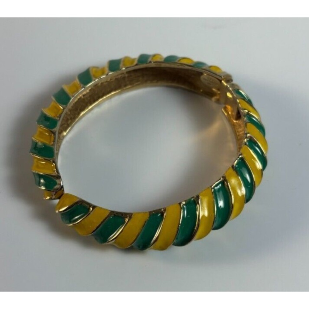 Les Bernard Bangle Bracelet Green Yellow Enamel Ribbed Hinge Vintage‎ Statement